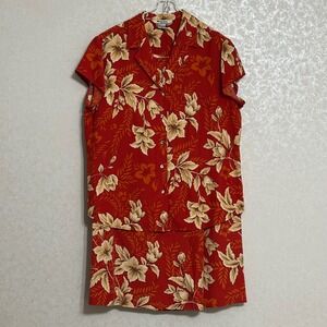Nygard Collection Silk Linen Tropical Floral Skirt Shirt Set Red Cottagecore 16